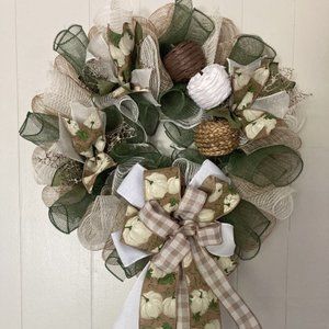 Handcrafted Deco Mesh & Ribbon Fall Pumpkin Wreath